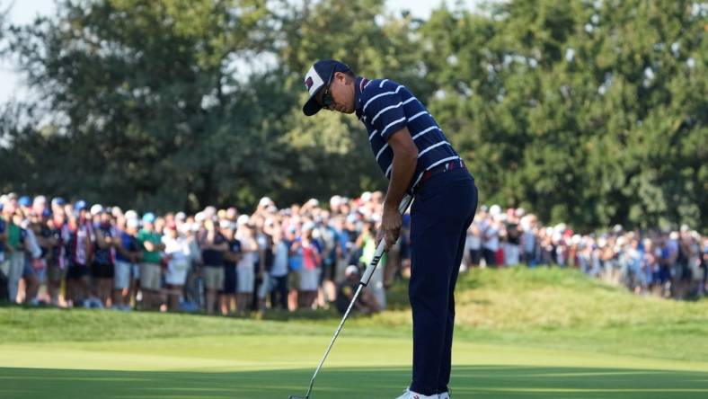 Sep 29, 2023; Rome, ITA; Team USA golfer Rickie Fowler putts on the ninth green during day one foursomes round for the 44th Ryder Cup golf competition at Marco Simone Golf and Country Club. Mandatory Credit: Kyle Terada-USA TODAY Sports