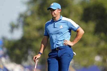 Sep 29, 2023; Rome, ITA; Team Europe golfer Rory McIlroy lines up a putt on the seventh hole during day one fourballs round for the 44th Ryder Cup golf competition at Marco Simone Golf and Country Club. Mandatory Credit: Adam Cairns-USA TODAY Sports