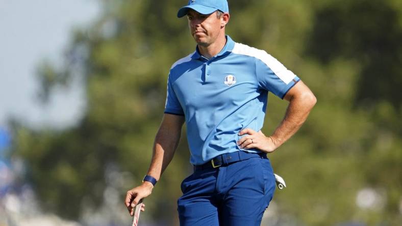 Sep 29, 2023; Rome, ITA; Team Europe golfer Rory McIlroy lines up a putt on the seventh hole during day one fourballs round for the 44th Ryder Cup golf competition at Marco Simone Golf and Country Club. Mandatory Credit: Adam Cairns-USA TODAY Sports