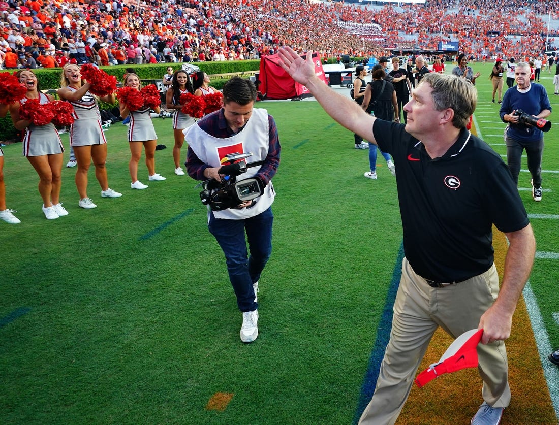 Georgia coach Kirby Smart could be celebrating another CFP bid in Atlanta this weekend -- or praying for the committee's mercy. Mandatory Credit: John David Mercer-USA TODAY Sports