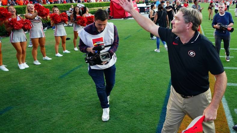 Georgia coach Kirby Smart could be celebrating another CFP bid in Atlanta this weekend -- or praying for the committee's mercy. Mandatory Credit: John David Mercer-USA TODAY Sports