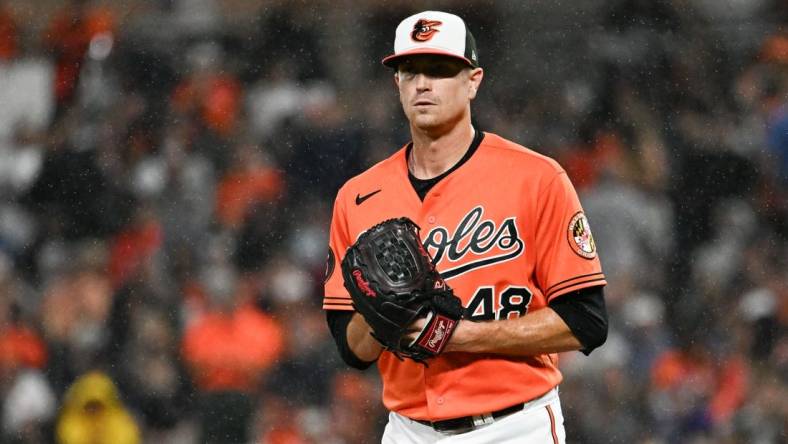 Sep 30, 2023; Baltimore, Maryland, USA;  Baltimore Orioles starting pitcher Kyle Gibson (48) stands on the pitcher's mound as rain falls during the second inning against the Boston Red Sox at Oriole Park at Camden Yards. Mandatory Credit: Tommy Gilligan-USA TODAY Sports