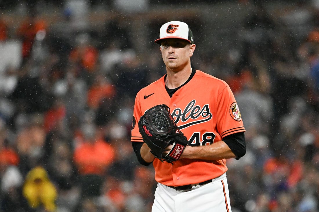 Sep 30, 2023; Baltimore, Maryland, USA;  Baltimore Orioles starting pitcher Kyle Gibson (48) stands on the pitcher's mound as rain falls during the second inning against the Boston Red Sox at Oriole Park at Camden Yards. Mandatory Credit: Tommy Gilligan-USA TODAY Sports