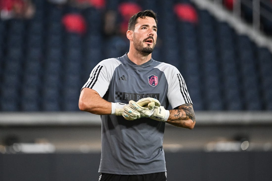 Sep 30, 2023; St. Louis, Missouri, USA; St. Louis City goalkeeper Roman Burki looks on during warmups before a game against Sporting Kansas City at CITYPARK. Mandatory Credit: Joe Puetz-USA TODAY Sports