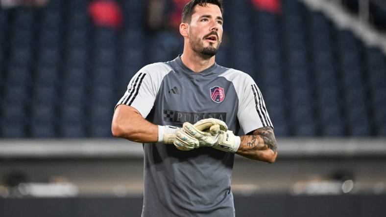 Sep 30, 2023; St. Louis, Missouri, USA; St. Louis City goalkeeper Roman Burki looks on during warmups before a game against Sporting Kansas City at CITYPARK. Mandatory Credit: Joe Puetz-USA TODAY Sports