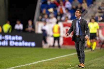 Sep 30, 2023; Harrison, New Jersey, USA; New York Red Bulls head coach Troy Lesesne reacts to a cal during the second half against Chicago Fire at Red Bull Arena. Mandatory Credit: Mark Smith-USA TODAY Sports