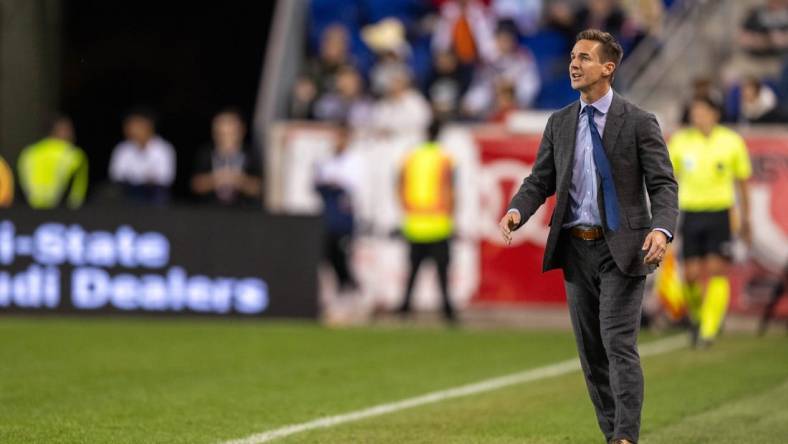 Sep 30, 2023; Harrison, New Jersey, USA; New York Red Bulls head coach Troy Lesesne reacts to a cal during the second half against Chicago Fire at Red Bull Arena. Mandatory Credit: Mark Smith-USA TODAY Sports