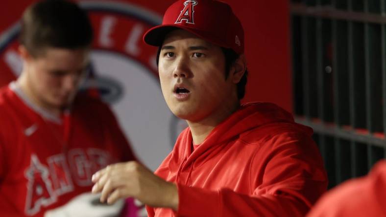 Sep 30, 2023; Anaheim, California, USA; Los Angeles Angels two-way player Shohei Ohtani (17) in the dugout during the game against the Oakland Athletics at Angel Stadium. Mandatory Credit: Kiyoshi Mio-USA TODAY Sports