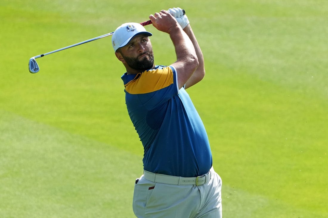 Oct 1, 2023; Rome, ITA; Team Europe golfer Jon Rahm plays from the fairway on the second hole during the final day of the 44th Ryder Cup golf competition at Marco Simone Golf and Country Club. Mandatory Credit: Kyle Terada-USA TODAY Sports