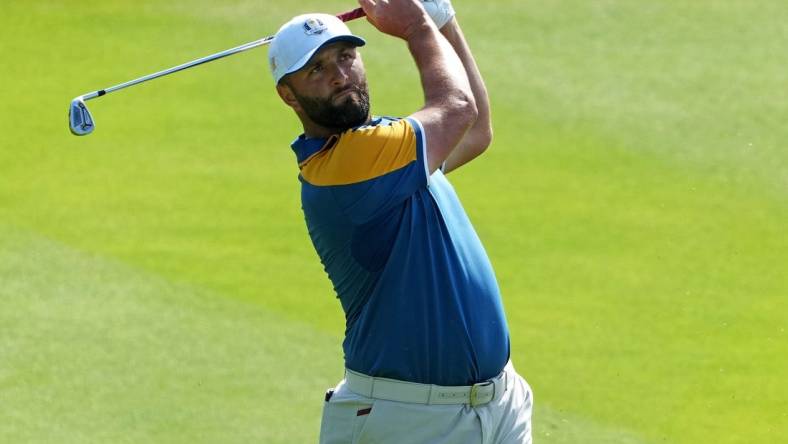 Oct 1, 2023; Rome, ITA; Team Europe golfer Jon Rahm plays from the fairway on the second hole during the final day of the 44th Ryder Cup golf competition at Marco Simone Golf and Country Club. Mandatory Credit: Kyle Terada-USA TODAY Sports