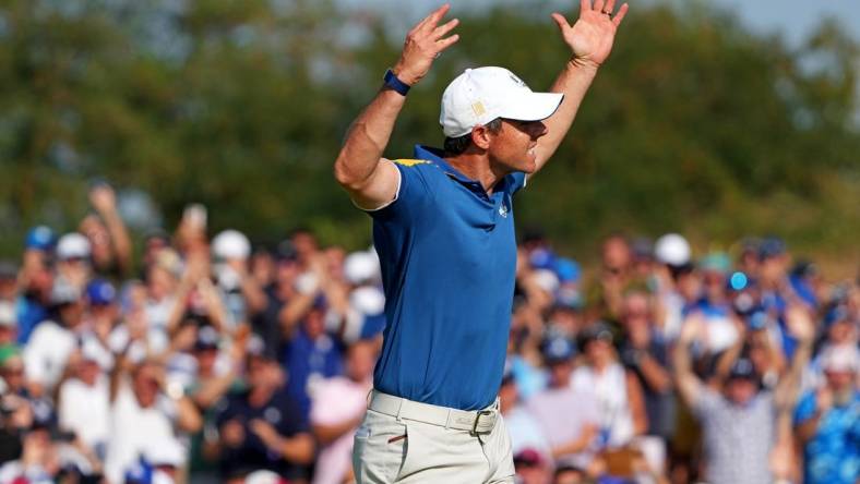 Rory McIlroy reacts to his putt on the 15th green during the final day of the 44th Ryder Cup golf competition at Marco Simone Golf and Country Club. Mandatory Credit: Kyle Terada-USA TODAY Sports