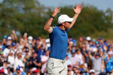 Oct 1, 2023; Rome, ITA; Team Europe golfer Rory McIlroy reacts to his putt on the 15th green during the final day of the 44th Ryder Cup golf competition at Marco Simone Golf and Country Club. Mandatory Credit: Kyle Terada-USA TODAY Sports