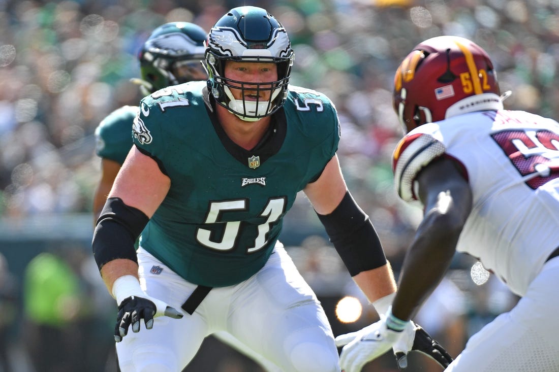 Oct 1, 2023; Philadelphia, Pennsylvania, USA; Philadelphia Eagles center Cam Jurgens (51) blocks against the Washington Commanders at Lincoln Financial Field. Mandatory Credit: Eric Hartline-USA TODAY Sports