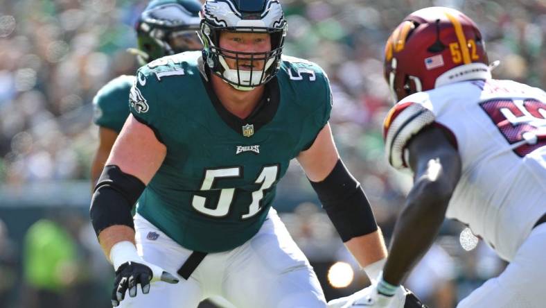 Oct 1, 2023; Philadelphia, Pennsylvania, USA; Philadelphia Eagles center Cam Jurgens (51) blocks against the Washington Commanders at Lincoln Financial Field. Mandatory Credit: Eric Hartline-USA TODAY Sports