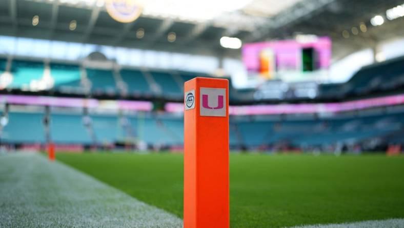 Oct 7, 2023; Miami Gardens, Florida, USA; A general view of an end zone pylon prior to the game between the Miami Hurricanes and the Georgia Tech Yellow Jackets at Hard Rock Stadium. Mandatory Credit: Jasen Vinlove-USA TODAY Sports