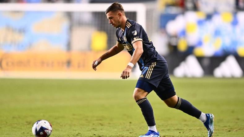 Oct 7, 2023; Philadelphia, Pennsylvania, USA; Philadelphia Union defender Kai Wagner (27) sets up a cross against Nashville SC in the first half at Subaru Park. Mandatory Credit: Kyle Ross-USA TODAY Sports