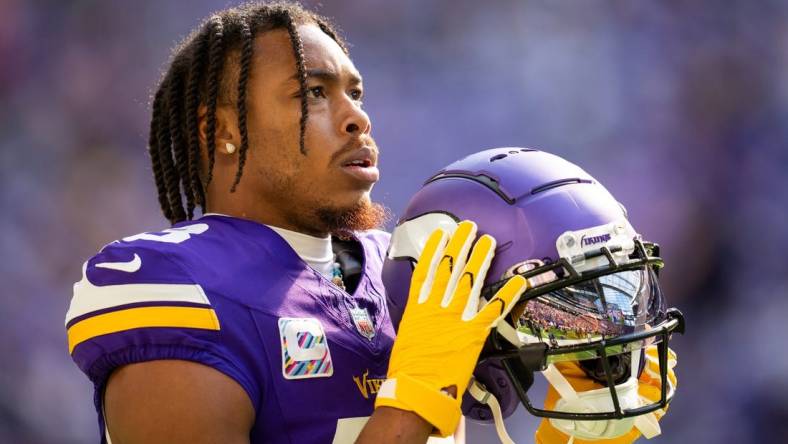 Oct 8, 2023; Minneapolis, Minnesota, USA; Minnesota Vikings wide receiver Justin Jefferson (18) before the game against the Kansas City Chiefs at U.S. Bank Stadium. Mandatory Credit: Brad Rempel-USA TODAY Sports