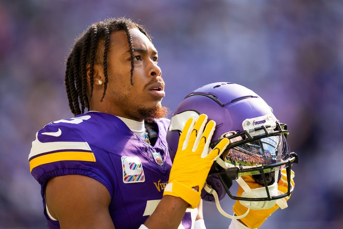 Oct 8, 2023; Minneapolis, Minnesota, USA; Minnesota Vikings wide receiver Justin Jefferson (18) before the game against the Kansas City Chiefs at U.S. Bank Stadium. Mandatory Credit: Brad Rempel-USA TODAY Sports