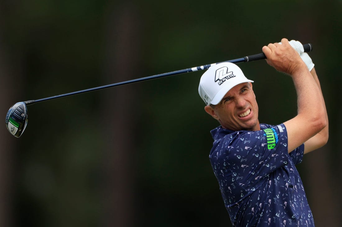 Steven Alker plays his shot from the 13th tee during the third and final round of the Constellation Furyk & Friends PGA Tour Champions golf tournament Sunday, Oct. 8, 2023 at Timuquana Country Club in Jacksonville, Fla. Brett Quigley won at 11 under par, one stroke over Steven Alker. [Corey Perrine/Florida Times-Union]