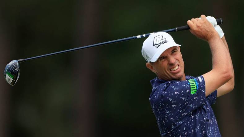 Steven Alker plays his shot from the 13th tee during the third and final round of the Constellation Furyk & Friends PGA Tour Champions golf tournament Sunday, Oct. 8, 2023 at Timuquana Country Club in Jacksonville, Fla. Brett Quigley won at 11 under par, one stroke over Steven Alker. [Corey Perrine/Florida Times-Union]