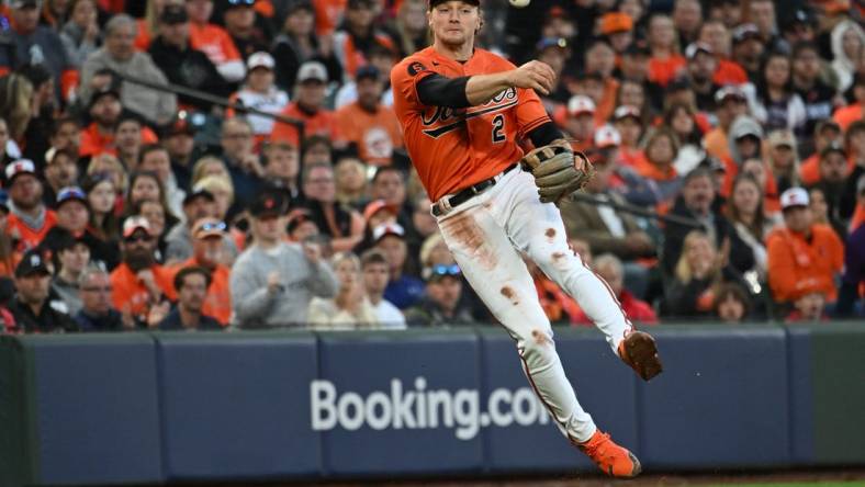 Oct 8, 2023; Baltimore, Maryland, USA; Baltimore Orioles third baseman Gunnar Henderson (2) throws to first base during game two of the ALDS for the 2023 MLB playoffs against the Texas Rangers at Oriole Park at Camden Yards. Mandatory Credit: Tommy Gilligan-USA TODAY Sports