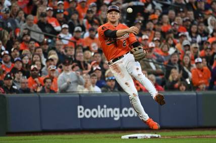 Oct 8, 2023; Baltimore, Maryland, USA; Baltimore Orioles third baseman Gunnar Henderson (2) throws to first base during game two of the ALDS for the 2023 MLB playoffs against the Texas Rangers at Oriole Park at Camden Yards. Mandatory Credit: Tommy Gilligan-USA TODAY Sports