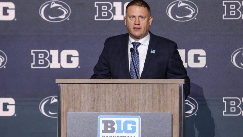 Oct 10, 2023; Minneapolis, MN, USA; Penn State Nittany Lions head coach Mike Rhoades speaks to the media during the Big Ten basketball media days at Target Center. Mandatory Credit: Matt Krohn-USA TODAY Sports