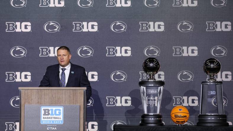 Oct 10, 2023; Minneapolis, MN, USA; Penn State Nittany Lions head coach Mike Rhoades speaks to the media during the Big Ten basketball media days at Target Center. Mandatory Credit: Matt Krohn-USA TODAY Sports