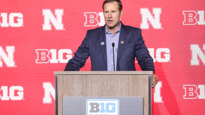 Oct 10, 2023; Minneapolis, MN, USA; Nebraska Cornhuskers head coach Fred Hoiberg speaks to the media during the Big Ten basketball media days at Target Center. Mandatory Credit: Matt Krohn-USA TODAY Sports