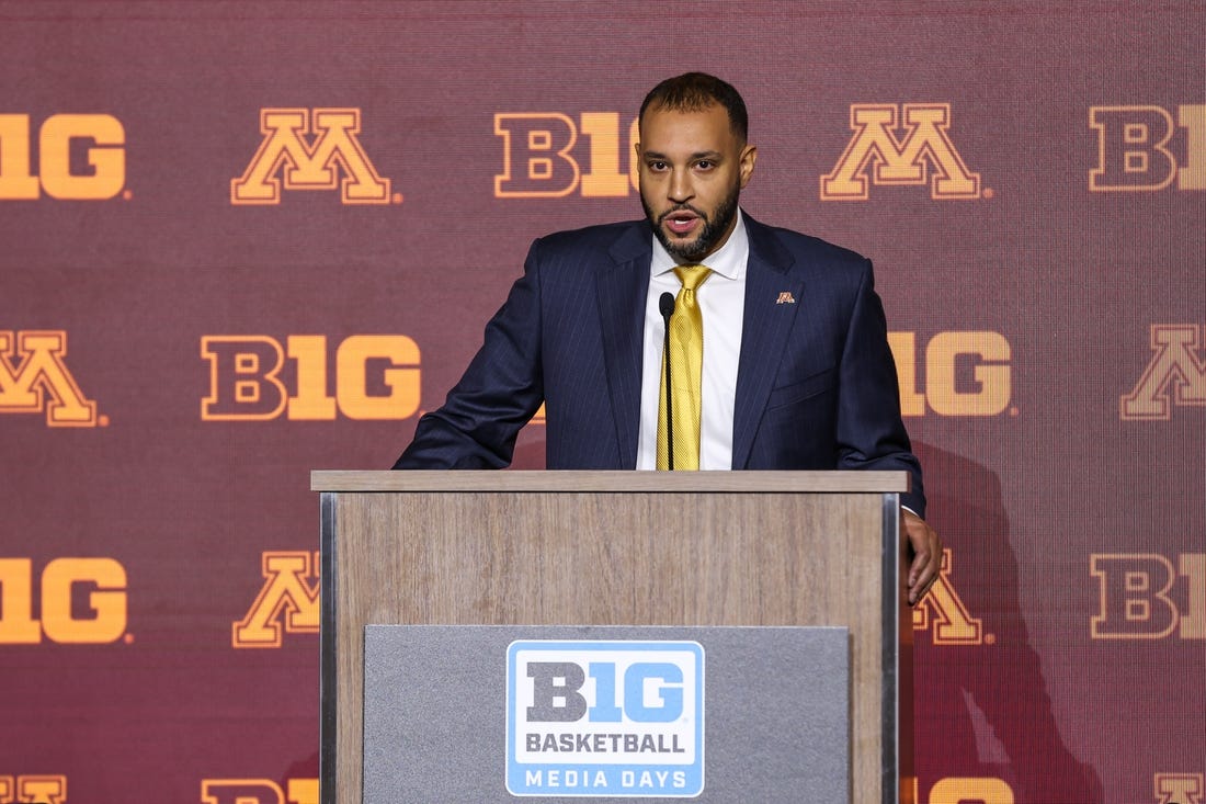 Oct 10, 2023; Minneapolis, MN, USA; Minnesota Golden Gophers head coach Ben Johnson speaks to the media during the Big Ten basketball media days at Target Center. Mandatory Credit: Matt Krohn-USA TODAY Sports