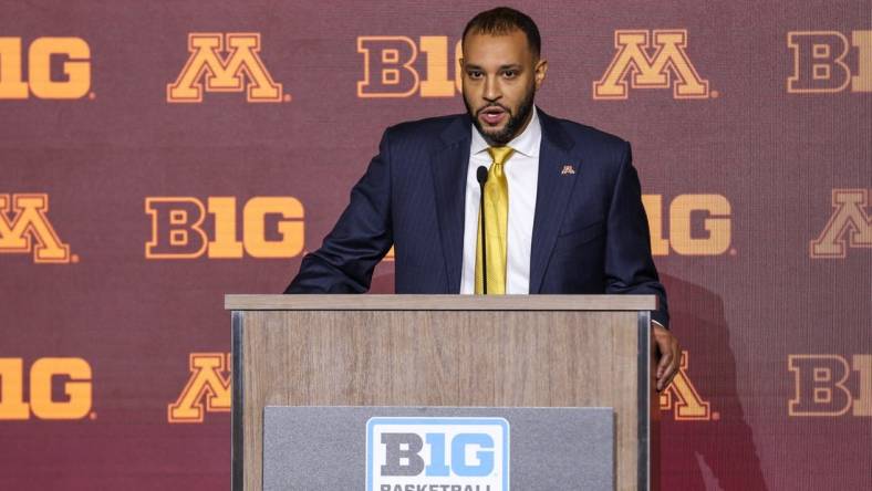 Oct 10, 2023; Minneapolis, MN, USA; Minnesota Golden Gophers head coach Ben Johnson speaks to the media during the Big Ten basketball media days at Target Center. Mandatory Credit: Matt Krohn-USA TODAY Sports