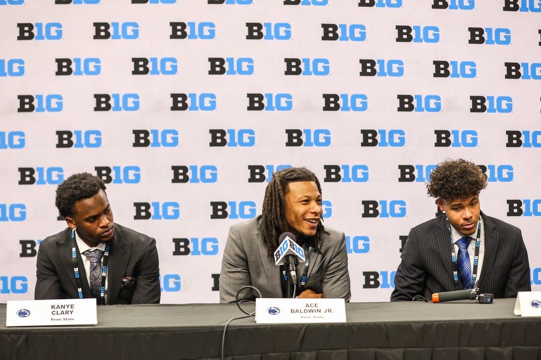 Oct 10, 2023; Minneapolis, MN, USA; Penn State Nittany Lions players Kanye Clary, Ace Baldwin Jr. and Puff Johnson speak to the media during the Big Ten basketball media days at Target Center. Mandatory Credit: Matt Krohn-USA TODAY Sports