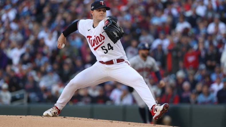 Oct 10, 2023; Minneapolis, Minnesota, USA; Minnesota Twins starting pitcher Sonny Gray (54) pitches in the first inning against the Houston Astros during game three of the ALDS for the 2023 MLB playoffs at Target Field. Mandatory Credit: Jesse Johnson-USA TODAY Sports