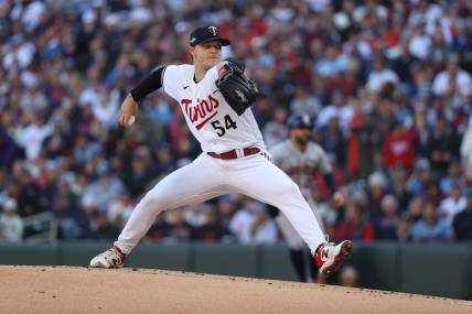 Oct 10, 2023; Minneapolis, Minnesota, USA; Minnesota Twins starting pitcher Sonny Gray (54) pitches in the first inning against the Houston Astros during game three of the ALDS for the 2023 MLB playoffs at Target Field. Mandatory Credit: Jesse Johnson-USA TODAY Sports
