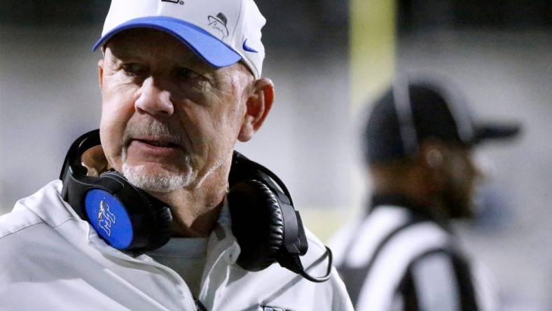 Middle Tennessee head football coach Rick Stockstill on the sidelines during the football game against Louisiana Tech in Floyd Stadium at Middle Tennessee, in Murfreesboro, Tenn. on Tuesday, Oct. 10, 2023.