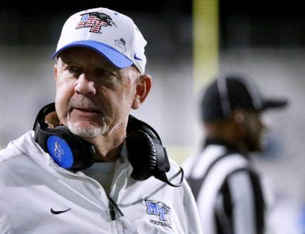 Middle Tennessee head football coach Rick Stockstill on the sidelines during the football game against Louisiana Tech in Floyd Stadium at Middle Tennessee, in Murfreesboro, Tenn. on Tuesday, Oct. 10, 2023.