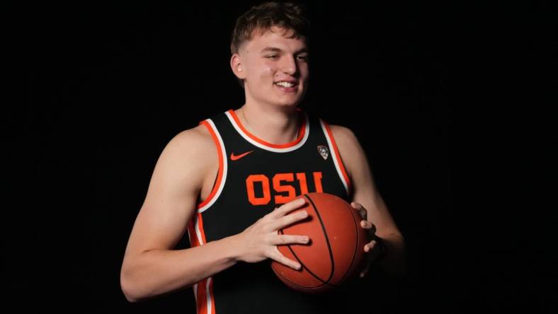 Oct 11, 2023; Las Vegas, NV, USA; Oregon State Beavers forward Tyler Bilodeau (34) poses during Pac-12 Media Day at Park MGM Las Vegas Conference Center. Mandatory Credit: Kirby Lee-USA TODAY Sports