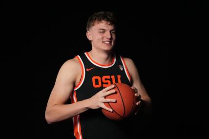 Oct 11, 2023; Las Vegas, NV, USA; Oregon State Beavers forward Tyler Bilodeau (34) poses during Pac-12 Media Day at Park MGM Las Vegas Conference Center. Mandatory Credit: Kirby Lee-USA TODAY Sports