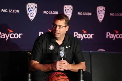Oct 11, 2023; Las Vegas, NV, USA; Stanford Cardinal coach Jerod Haase during Pac-12 Media Day at Park MGM Las Vegas Conference Center. Mandatory Credit: Kirby Lee-USA TODAY Sports