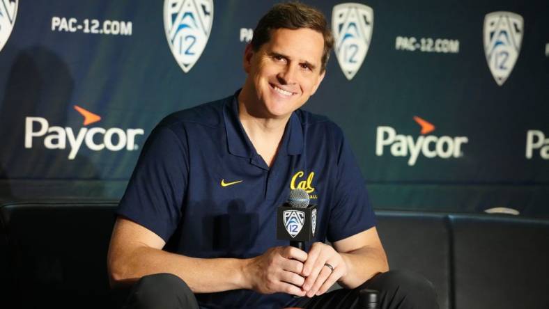 Oct 11, 2023; Las Vegas, NV, USA; California Golden Bears coach Mark Madsen during Pac-12 Media Day at Park MGM Las Vegas Conference Center. Mandatory Credit: Kirby Lee-USA TODAY Sports