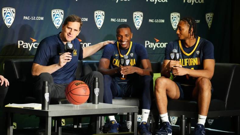 Oct 11, 2023; Las Vegas, NV, USA; California Golden Bears coach Mark Madsen (left), guard Keonte Kennedy (3) and forward Grant Newell (14) during Pac-12 Media Day at Park MGM Las Vegas Conference Center. Mandatory Credit: Kirby Lee-USA TODAY Sports