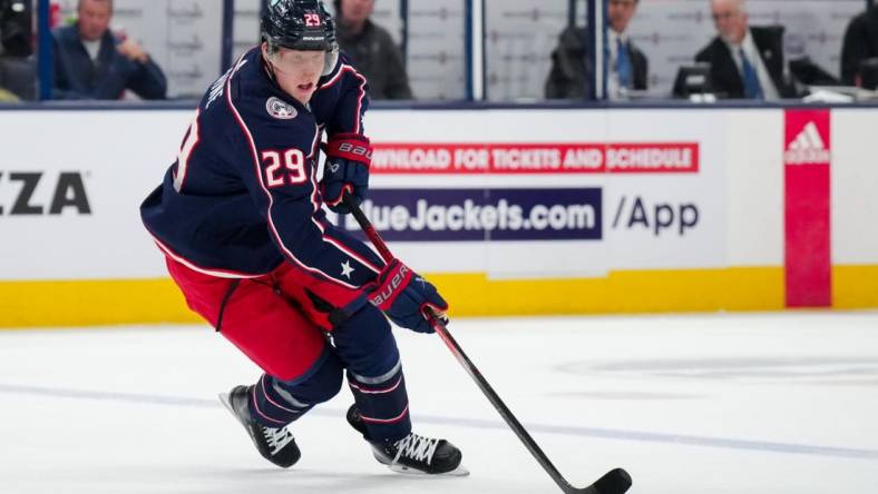 Oct 12, 2023; Columbus, Ohio, USA;  Columbus Blue Jackets right wing Patrik Laine (29) skates with the puck against the Philadelphia Flyers in the first period at Nationwide Arena. Mandatory Credit: Aaron Doster-USA TODAY Sports