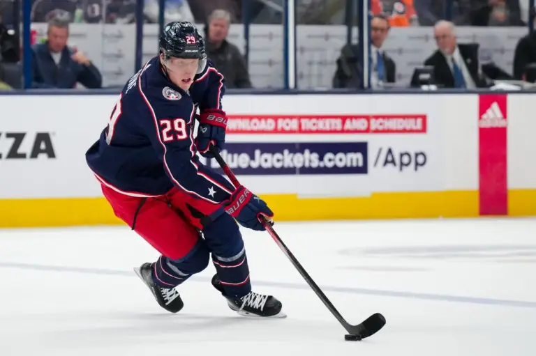 Oct 12, 2023; Columbus, Ohio, USA;  Columbus Blue Jackets right wing Patrik Laine (29) skates with the puck against the Philadelphia Flyers in the first period at Nationwide Arena. Mandatory Credit: Aaron Doster-USA TODAY Sports