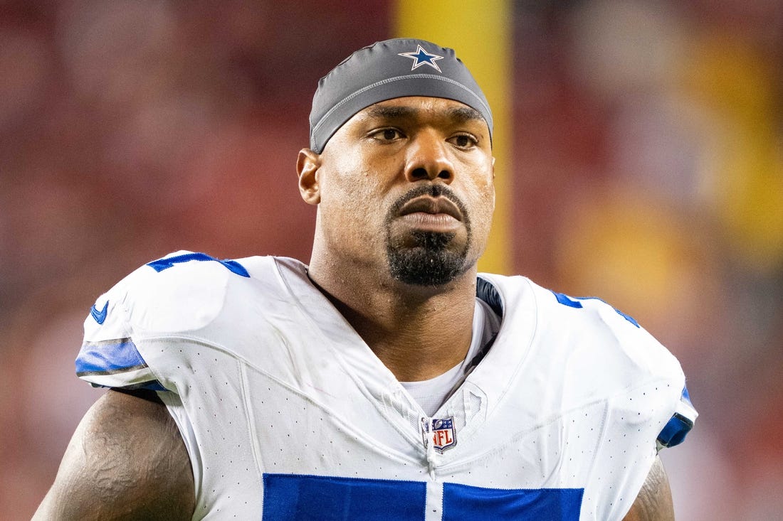 October 8, 2023; Santa Clara, California, USA; Dallas Cowboys offensive tackle Tyron Smith (77) after the game against the San Francisco 49ers at Levi's Stadium. Mandatory Credit: Kyle Terada-USA TODAY Sports