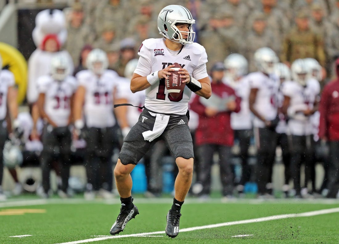 Oct 14, 2023; West Point, New York, USA; Troy Trojans quarterback Gunnar Watson (18) looks to pass against the Army Black Knights during the first half at Michie Stadium. Mandatory Credit: Danny Wild-USA TODAY Sports