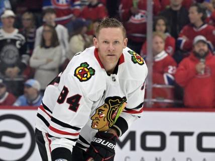 Oct 14, 2023; Montreal, Quebec, CAN; Chicago Blackhawks forward  Corey Perry (94) skates during the warmup period before the game against the Montreal Canadiens at the Bell Centre. Mandatory Credit: Eric Bolte-USA TODAY Sports