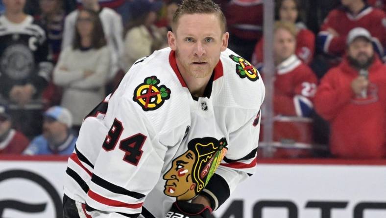 Oct 14, 2023; Montreal, Quebec, CAN; Chicago Blackhawks forward  Corey Perry (94) skates during the warmup period before the game against the Montreal Canadiens at the Bell Centre. Mandatory Credit: Eric Bolte-USA TODAY Sports