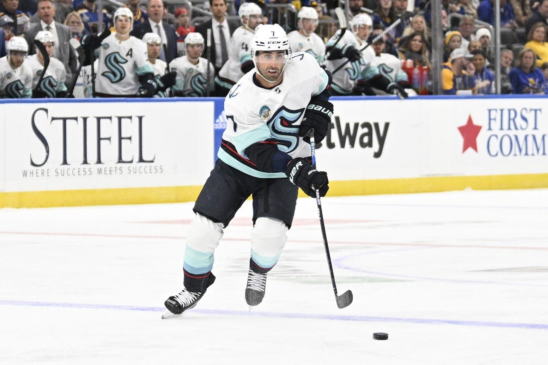 Oct 14, 2023; St. Louis, Missouri, USA; Seattle Kraken right wing Jordan Eberle (7) skates against the St. Louis Blues during the first period at Enterprise Center. Mandatory Credit: Jeff Le-USA TODAY Sports