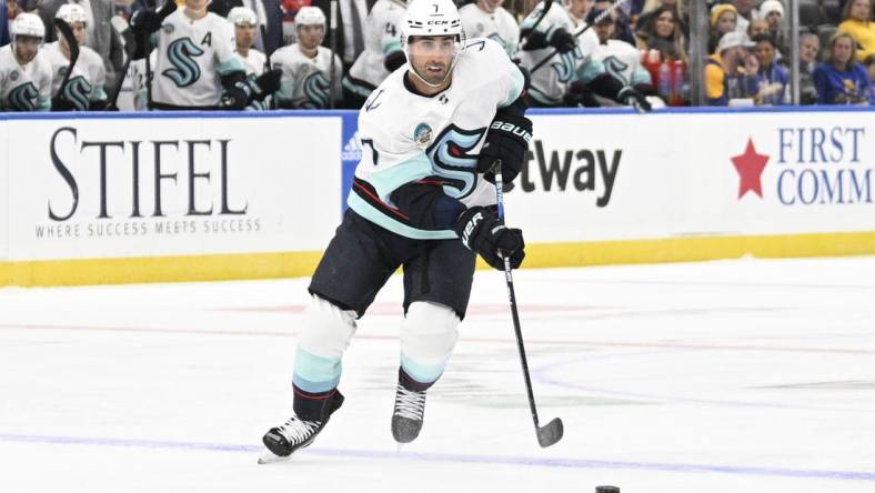 Oct 14, 2023; St. Louis, Missouri, USA; Seattle Kraken right wing Jordan Eberle (7) skates against the St. Louis Blues during the first period at Enterprise Center. Mandatory Credit: Jeff Le-USA TODAY Sports