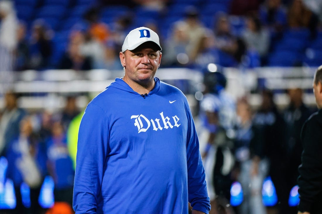 Oct 14, 2023; Durham, North Carolina, USA; Duke Blue Devils head coach Mike Elko before the first half of the game against North Carolina State Wolfpack at Wallace Wade Stadium. Mandatory Credit: Jaylynn Nash-USA TODAY Sports